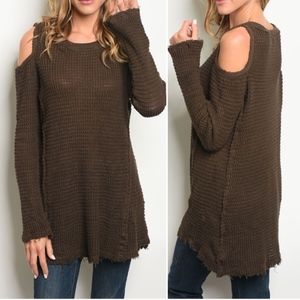 Long sleeve cold shoulder knit sweater